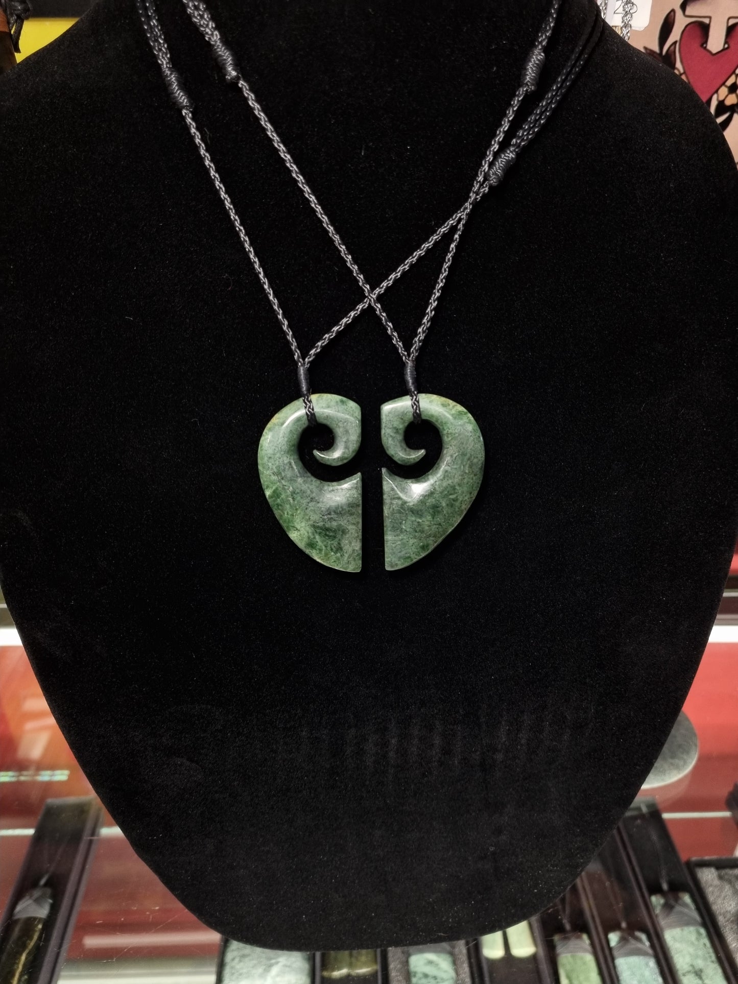 Split heart pair of Nephrite Kawakawa Pounamu Greenstone